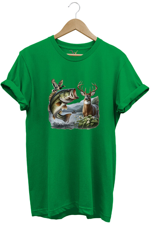 Fishing and Hunting Themed Deer, Duck and Sturgeon Printed 100% Cotton Regular Fit T-Shirt