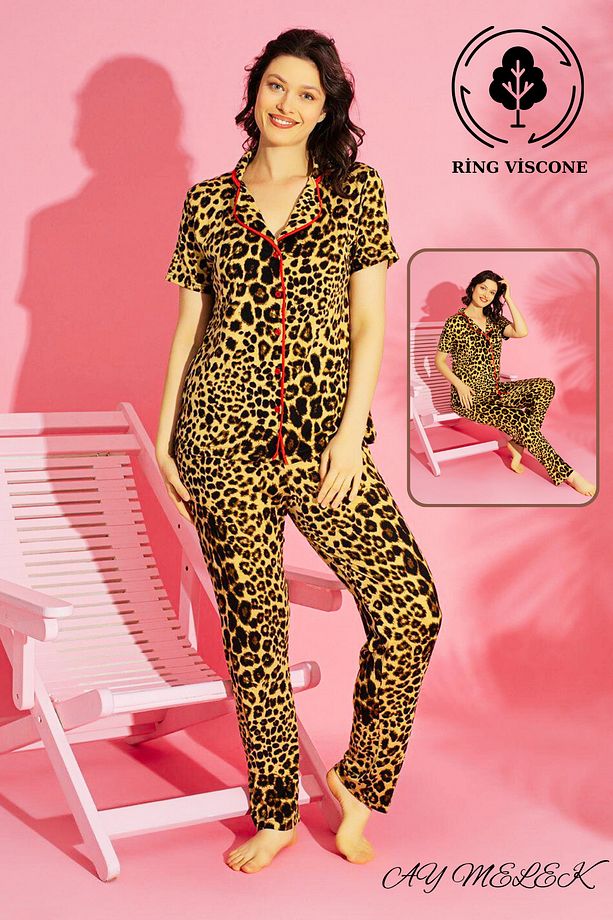 Kadın Pijama Takımı Ring Viscone Bambu Doku Gömlek ve Pijama Seti - 7
