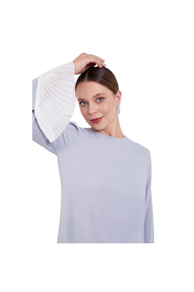 Kolları Şifon Pliseli Elbise - 5