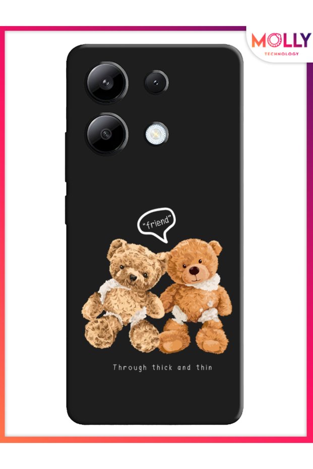 Black Fuzzy Friends Pattern Silicone Case for Xiaomi Redmi Note 13 4g
