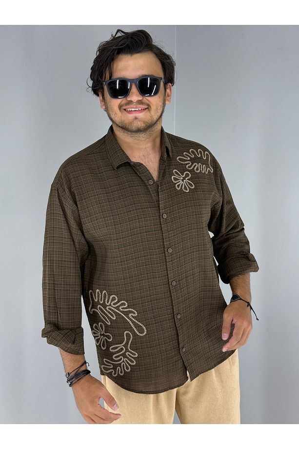 Kabartma Nakış Detaylı %100 Pamuk Oversize Gömlek (Kahve) - 2