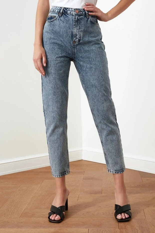 Luna Blue Snow Wash Lycra High Waist Mom Jean Trousers