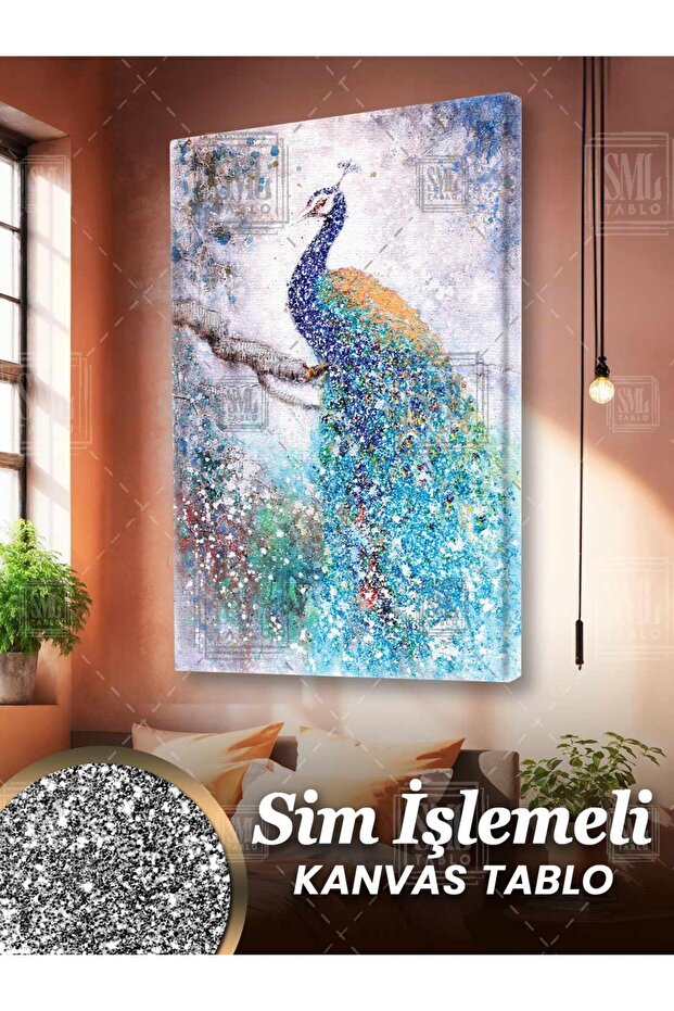 Sim İşlemeli Dala Konmuş Mavi Tavus Kuşu Art Hayvan Manzara Simli Dikey Kanvas Tablo - 1