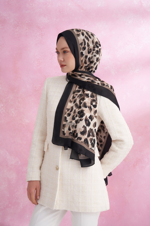 Multi Leopard Patterned Imported Voile Shawl - Black-Mink