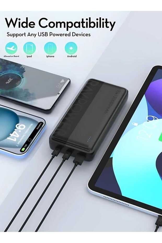 بنك طاقة 20000 مللي أمبير/ساعة 20 وات منفذان من النوع C ومنفذ USB-A وشاشة LED ذكية تصميم مضغوط أسود - 4