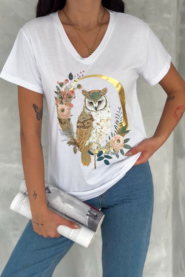 Women's White 100% Cotton T-Shirt V-Neck Owl Sequins and Embroidery Embroidered