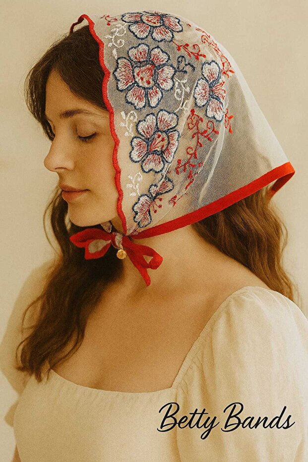 Betty Bands Colorful Flower Embroidered Red Edge Bandana – Tie-Up Model