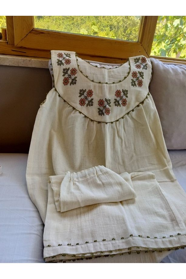 ŞİLE BEZİ İŞLEMELİ EL YAPIMI GECELİK ŞORT TAKIM %100 PAMUK DOKUMA - 3