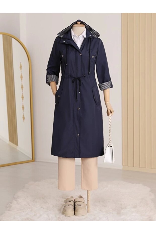Lined Trench Coat - Navy - 3