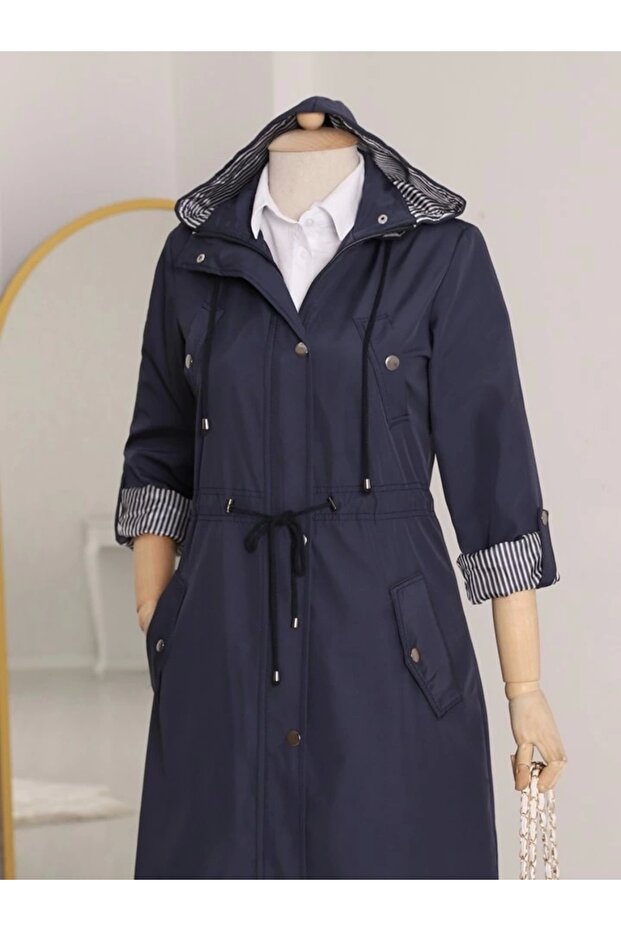 Lined Trench Coat - Navy - 2