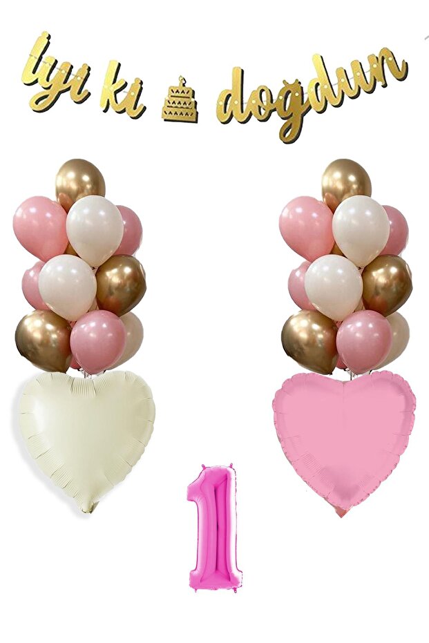 1 Year Old Pink Birthday Balloon Set 16Inch Pink Number Happy Birthday Set with Banner
