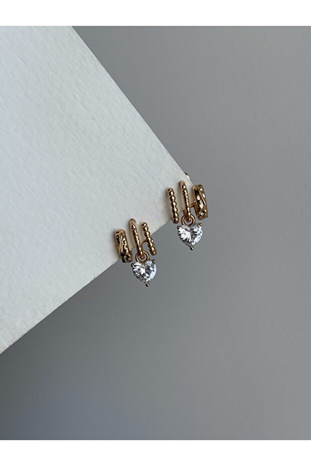 Steel Rose Gold Three Rows Look Crystal Stone Heart Amalthia Earrings -No Tarnish-