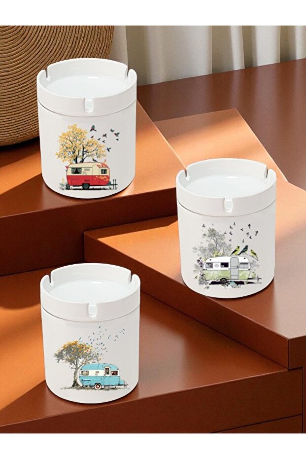 Set of 3 Ceramic Ashtray Ash Tray with Caravan and Bird - Ashtray Models, Ashtrays, Odorless Ashtray
