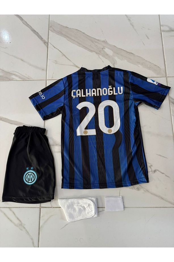 inter hakan ç.a.lhanoğlu çubuklu çocuk takım forması 4lü set forma+şort+çorap+bileklik - 6