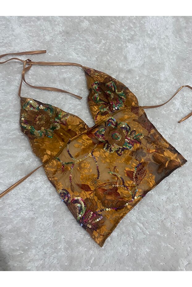 Bohem pullu boncuklu sırt dekolteli üst crop - 3