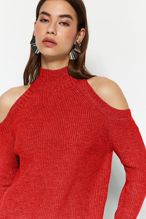 Kırmızı Simli Pencere/Cut Out Detaylı Triko Kazak TWOAW20XS0006