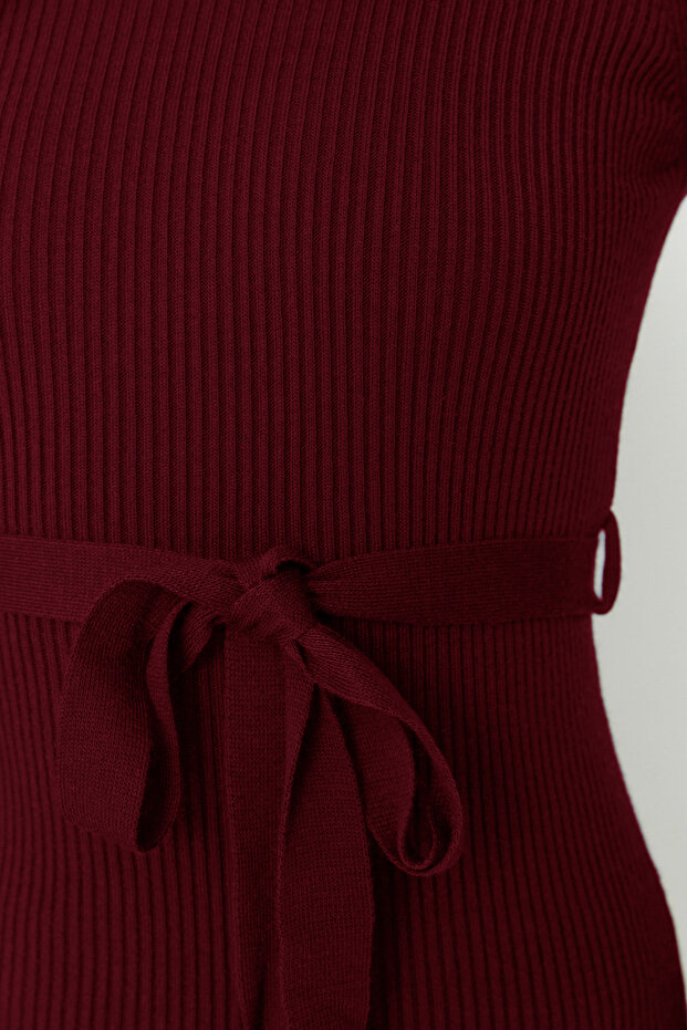 Bordo Midi Triko Kemer Detaylı Elbise TWOAW22EL0009 - 4