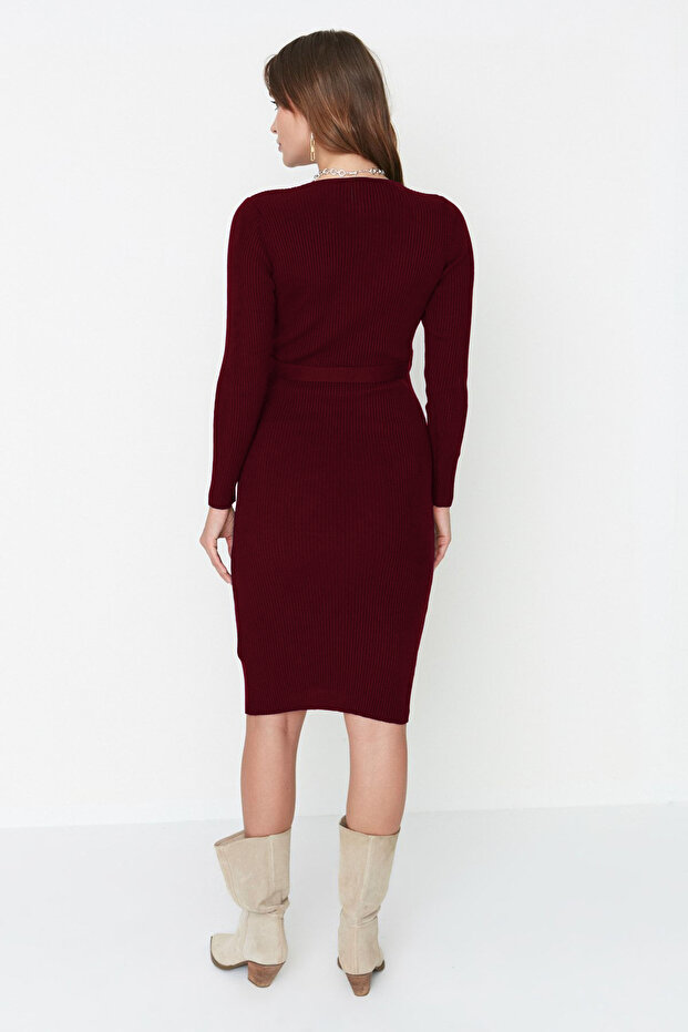 Bordo Midi Triko Kemer Detaylı Elbise TWOAW22EL0009 - 5