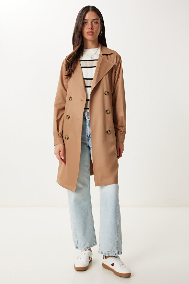 Damen-Trenchcoat mit zweireihigem Kragen und Gürtel in Kamel, saisonaler Trenchcoat DD01374 - 1