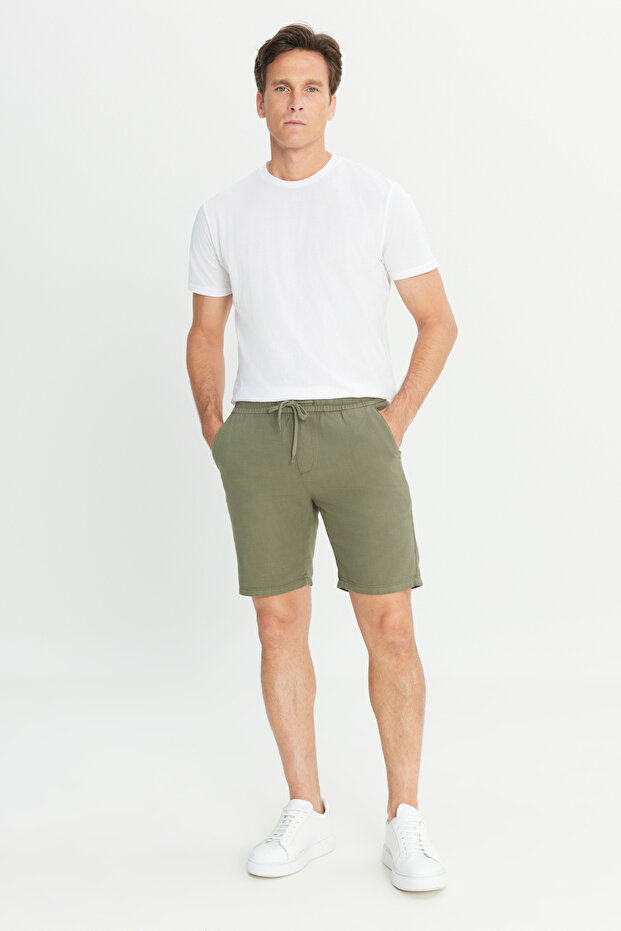 Erkek Haki %100 Pamuk Comfort Fit Beli Bağlamalı Flamlı Yan Cep Şort - 2