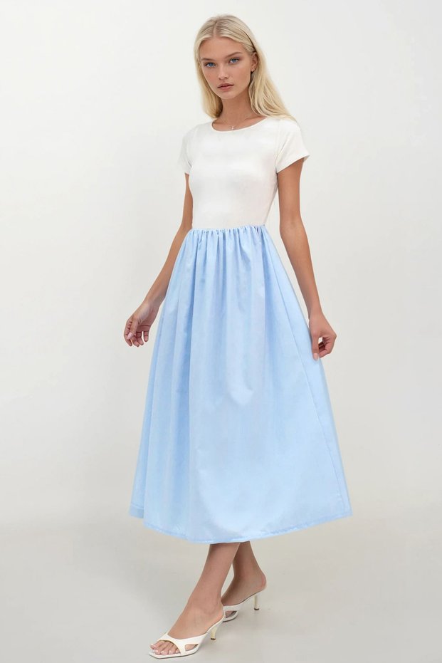 Women's Blue Crew Neck Elastic Waist Color Block Maxi Length Dress Alc-X14278