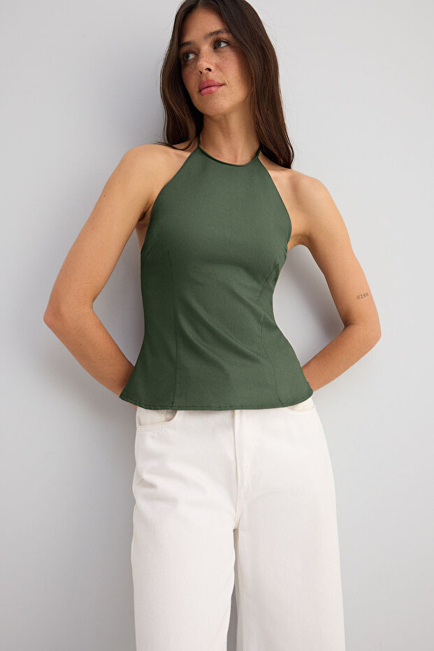 Haki Pamuklu İnce Gabardin Halter Yaka Dokuma Bluz TWOSS25BZ00536 - 3