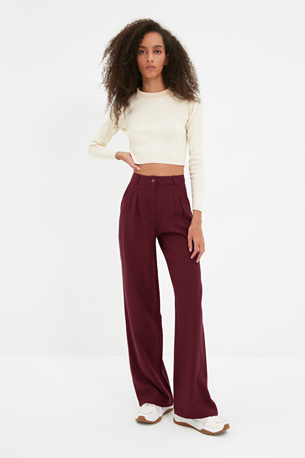 Bordo Wide Leg/Geniş Paça Pilili Pantolon TWOAW22PL0475 - 5