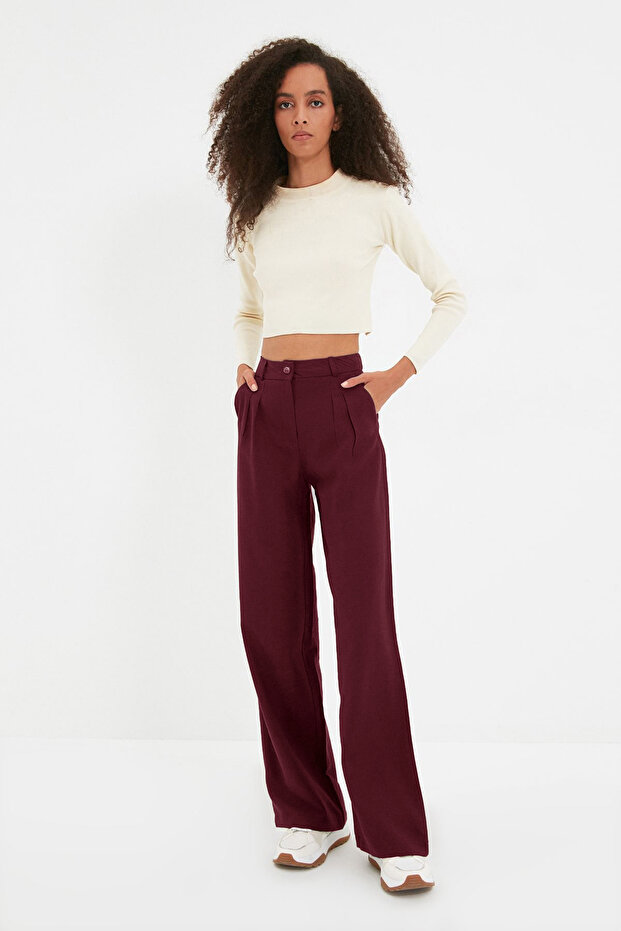 Bordo Wide Leg/Geniş Paça Pilili Pantolon TWOAW22PL0475 - 7