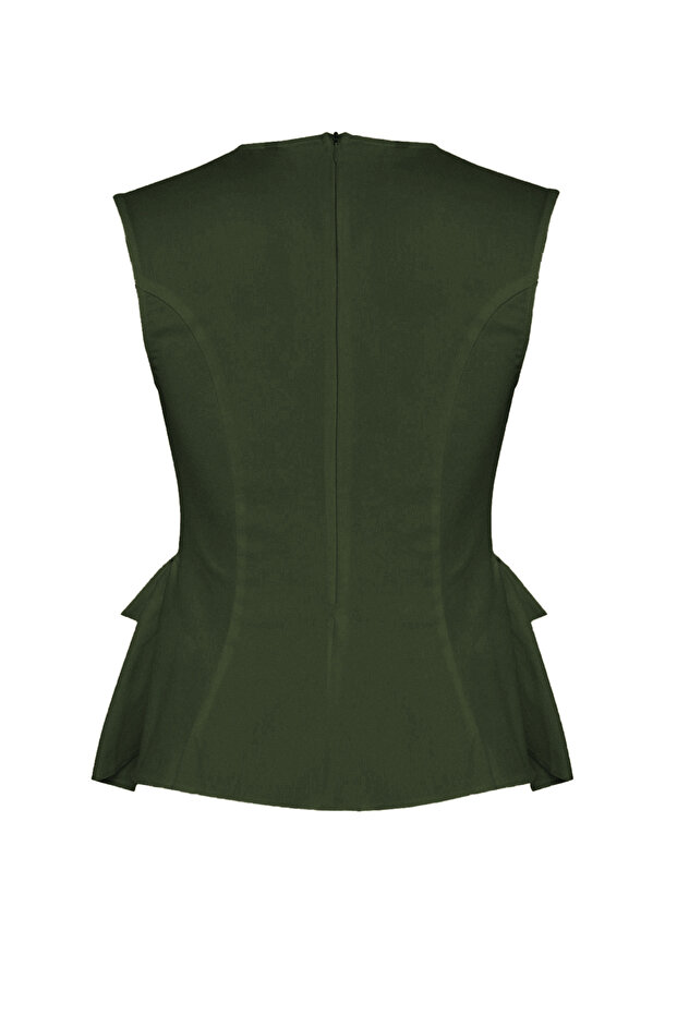 Haki Pamuklu Gabardin Peplum Cep Detaylı Dokuma Bluz TWOSS25BZ00538 - 8