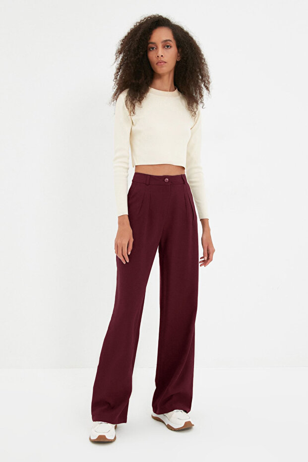 Bordo Wide Leg/Geniş Paça Pilili Pantolon TWOAW22PL0475 - 6
