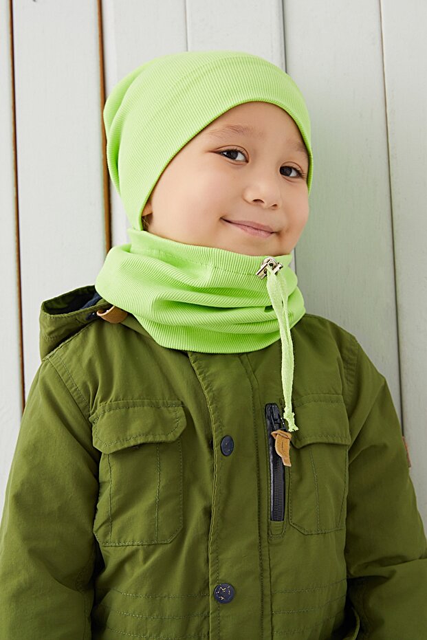 Boy's Neck Collar Pistachio Green Rope Detailed Beret Set