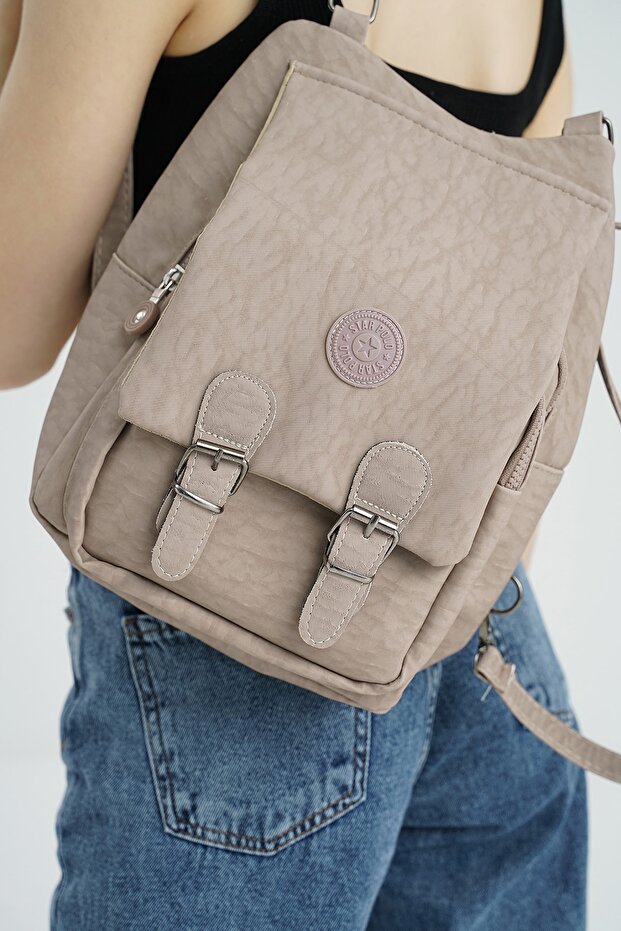 Mink Women's Crinkle Fabric School Backpack and Shoulder Bag - 1