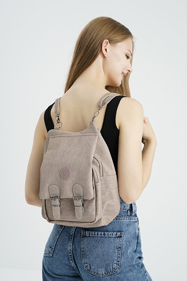 Mink Women's Crinkle Fabric School Backpack and Shoulder Bag - 2