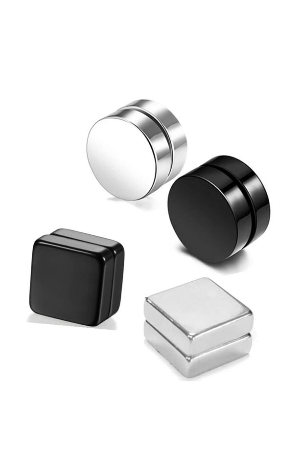 4 Adet Set Siyah Gümüş 2 Kare 2 Yuvarlak Mıknatıslı Erkek Küpe 8mm Mıknatıs Çelik Manyetik - 1