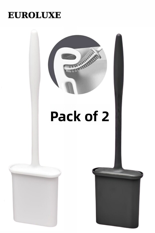 2-Piece Black and White Silicone Toilet Brush Set, Flexible and Practical Silicone Brush, Toilet Seat Brush