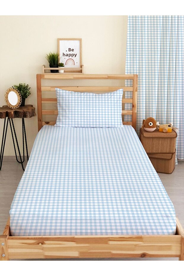 Blue Single Fitted Sheet Set - Gingham Patterned Print - 1