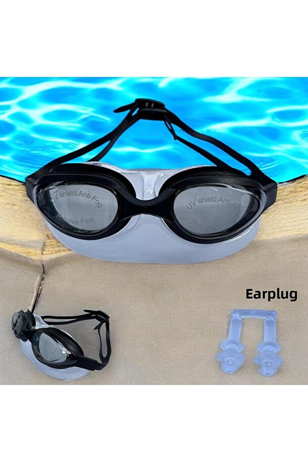 Swimming Goggles - Black with Swimming, Pool, Sea, Earplugs and Storage Container Gift