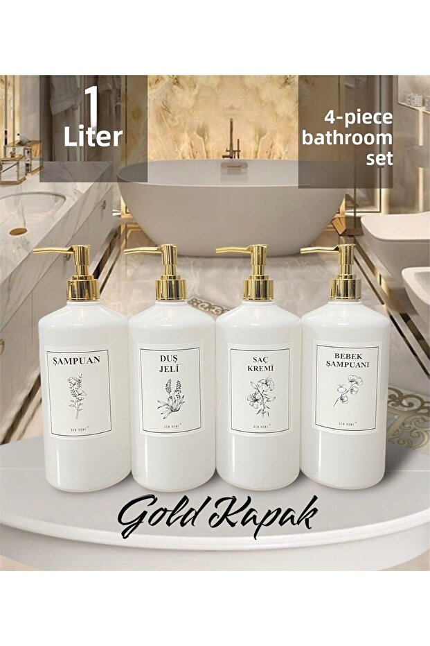4-Piece Bath Bottle Set with Gold Cap White 1000 ml Soap Dispenser Bottle Set 1 liter