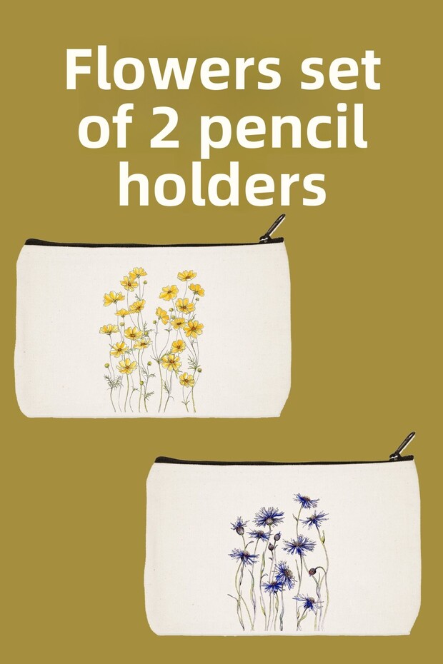 Yellow and Purple Flowers 2'Li Makeup Bag Advantage Set, Pen Holder, Wallet, Tote Bag