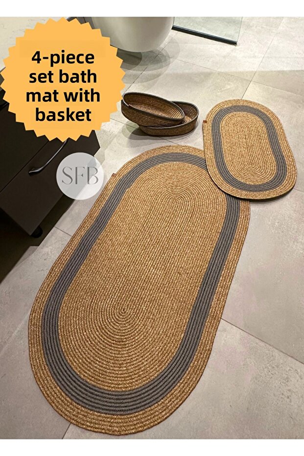4-Piece Jute, Straw Bath Mat Set, Washable Mat Set, Gift Houseware, Dowry Mat
