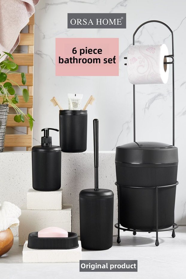 6 Piece Black Bathroom Set with Metal Stand, Toilet Paper Holder, Bucket Brush, Solid-Liquid Soap Dispenser, Toothbrush Holder