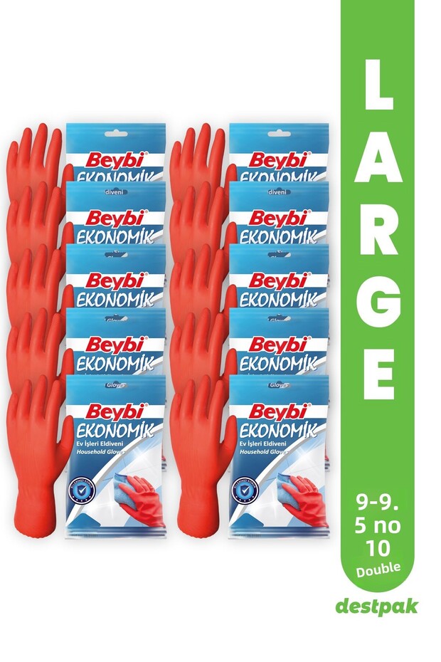 10 Pairs of Beybi Cleaning and Dishwashing Gloves - Sweat-Free Cotton Lined Interior (9-9.5 LARGE)