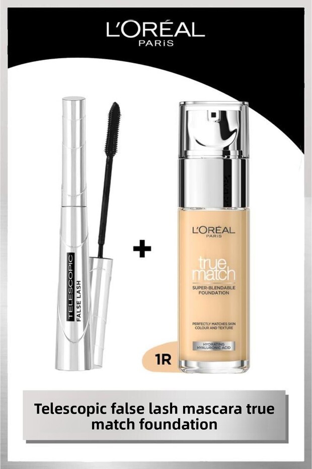 False Lash Telescopic Fiber Mascara & True Match Caring Foundation 1R Rose Ivory