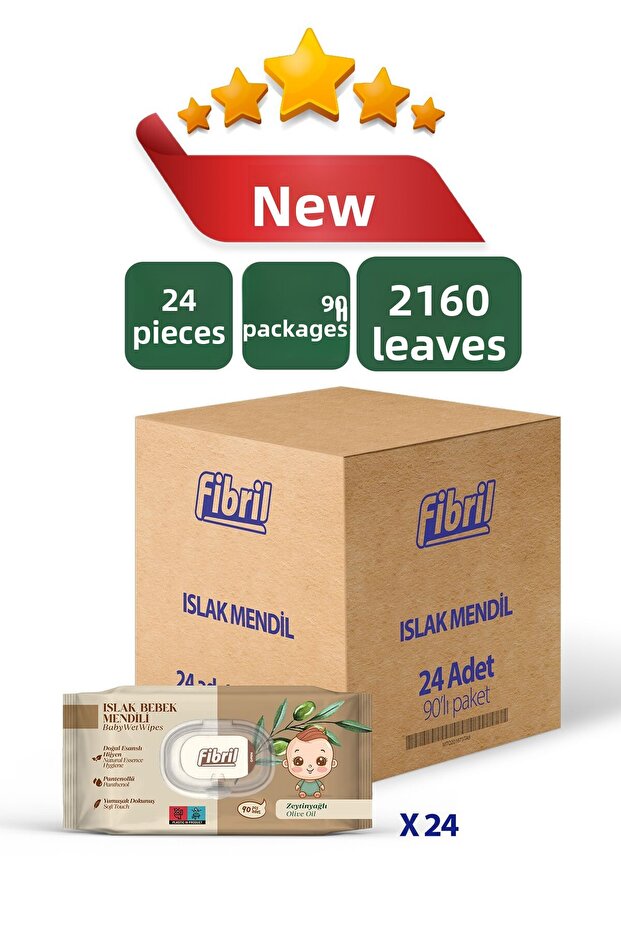 Olive Oil Wet Baby Wipes 24X90 Pack 2160 Sheets Natural Essence, Recyclable Fabric