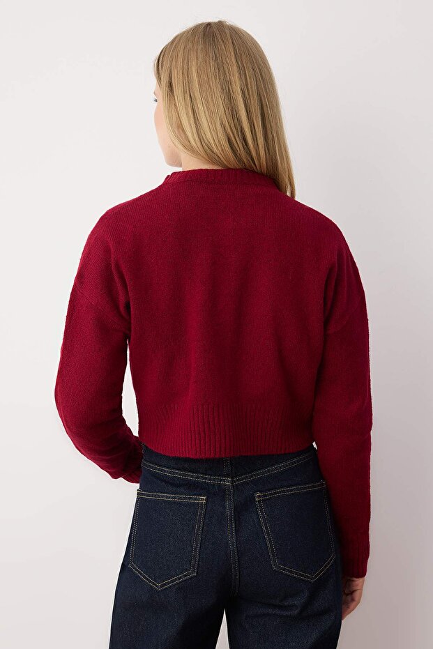 Bordo Crop Yumuşak Dokulu Düğmeli Triko Hırka TWOAW24HI00198 - 4