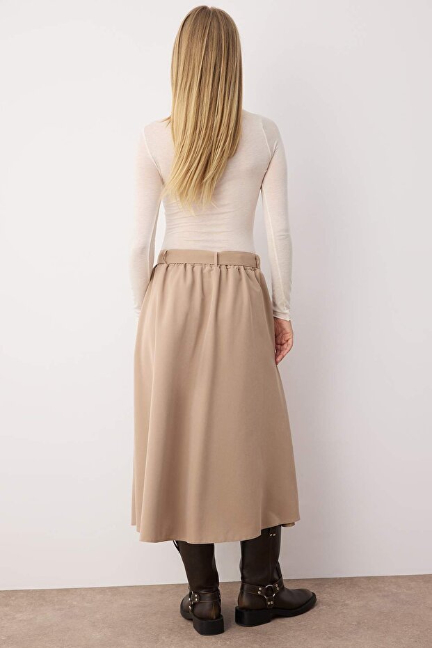 Bej Kemerli Dokuma Kloş Midi Etek TWOAW26ET00034 - 5