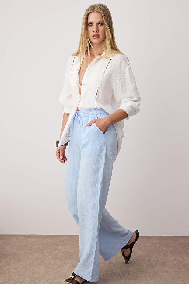 Mavi Müslin Beli Lastikli Yüksek Bel Wide Leg/Geniş Paça Pantolon TWOSS25PL00131 - 2