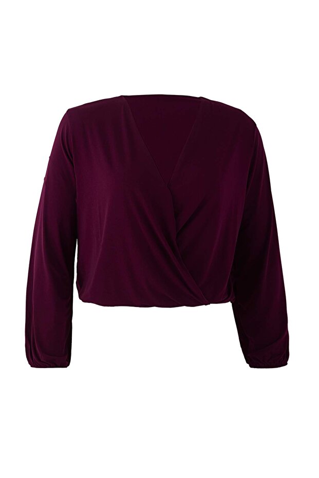 Mor Balon Kol Kruvaze Yaka Örme Crop Bluz TBBAW23AF00029 - 8