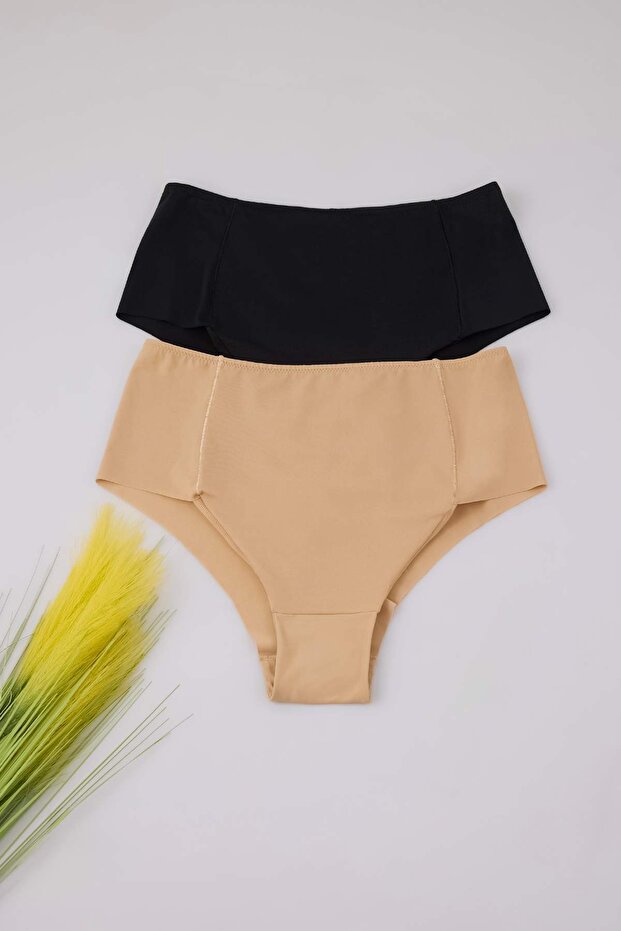 Siyah-Ten Düşük Toparlayıcı Etkili 2'li Paket Hipster Büyük Beden Külot TBBAW26CM00007 - 6