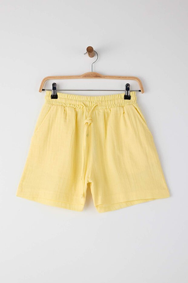 Sarı Müslin Beli Lastikli Yüksek Bel City Boy Şort & Bermuda TWOSS25SR00233 - 5